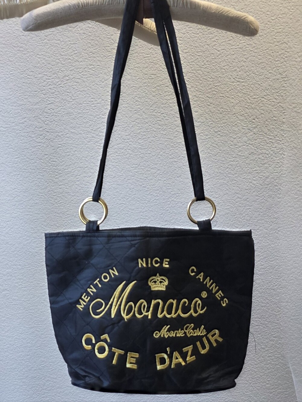 Monaco Cote d'Azur Black Small Tote Bag with Gold Embroidery